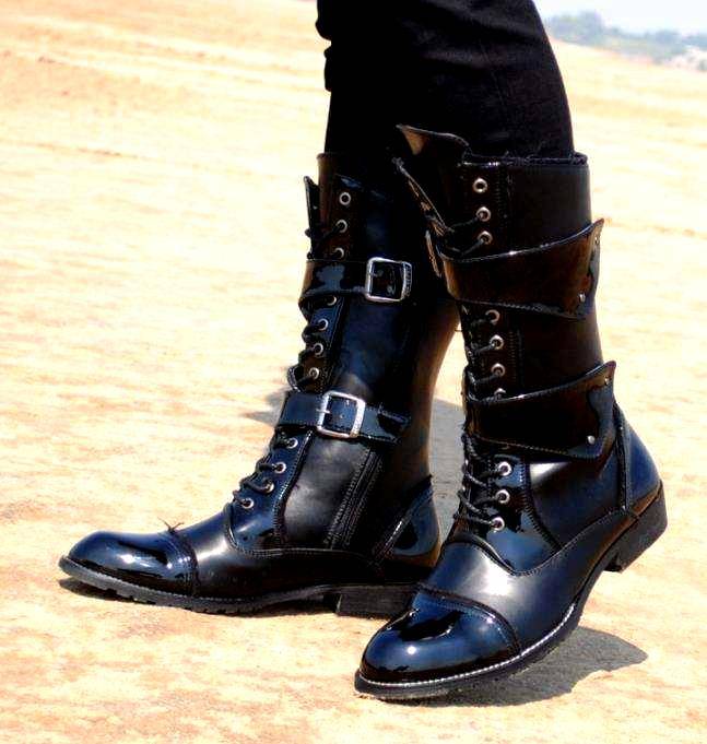 Mens Knight Boots Mid Leg Patent Leather Boots Long Military Boots for Man Waterproof Work SHoes Male Winter