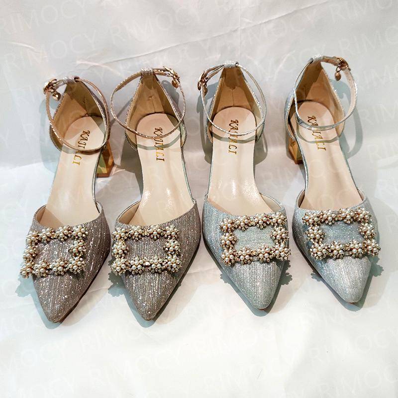 Bling Crystal High Heels Pumps Women Elegant Pearl Buckle Square Heels Wedding Party Shoes Ladies Pointed Toe Ankle Strap Pumps