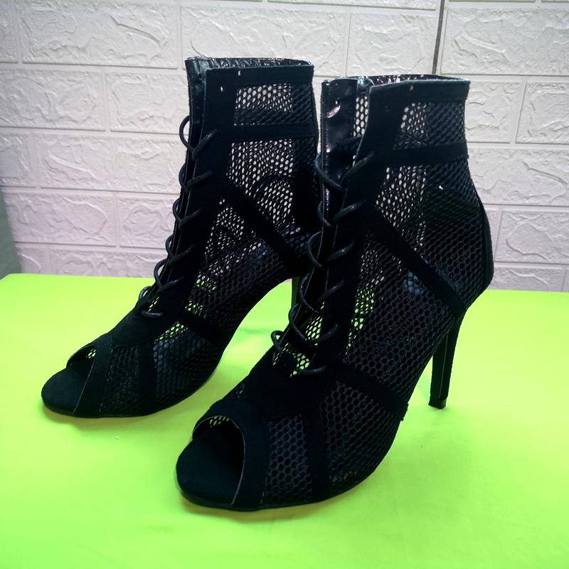 Women's High Top Dance Shoes Black Ballroom Boots Salsa Tango Shoes Girl Fashion Party Mesh Cutout High Heel Sandals Summer 2022