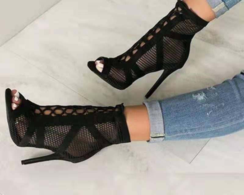 KBQU 2022 Fashion Sandals Boots Women High Heels Pumps Sexy Hollow Out Mesh Lace-Up Cross-tied Boots Party Shoes women boots