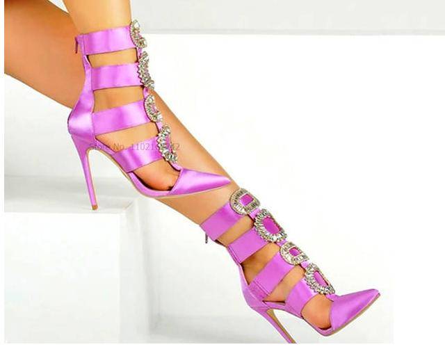 New Rhinestone Pointed Toe Pumps Sandals Sexy Stiletto Calf Hollow Ankle Boots Fashion Party Gladiator Roman Women'S Shoes