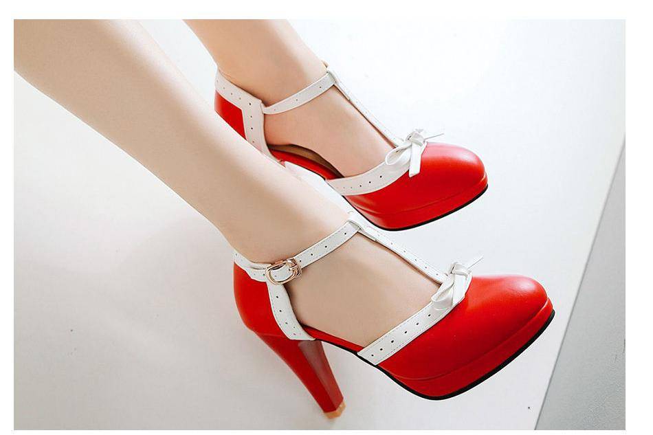 BYQDY New Women Mary Janes Pumps T-Strap Women 9cm Spike Heels Shoes Sweet Bowtie Lolita Shoes Buckle Strap Wedding Bridal Shoes