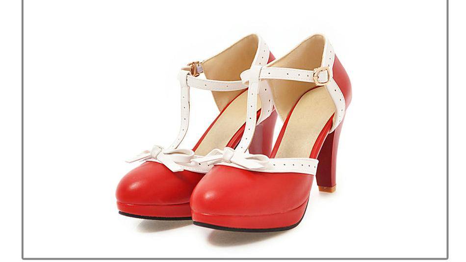 BYQDY New Women Mary Janes Pumps T-Strap Women 9cm Spike Heels Shoes Sweet Bowtie Lolita Shoes Buckle Strap Wedding Bridal Shoes