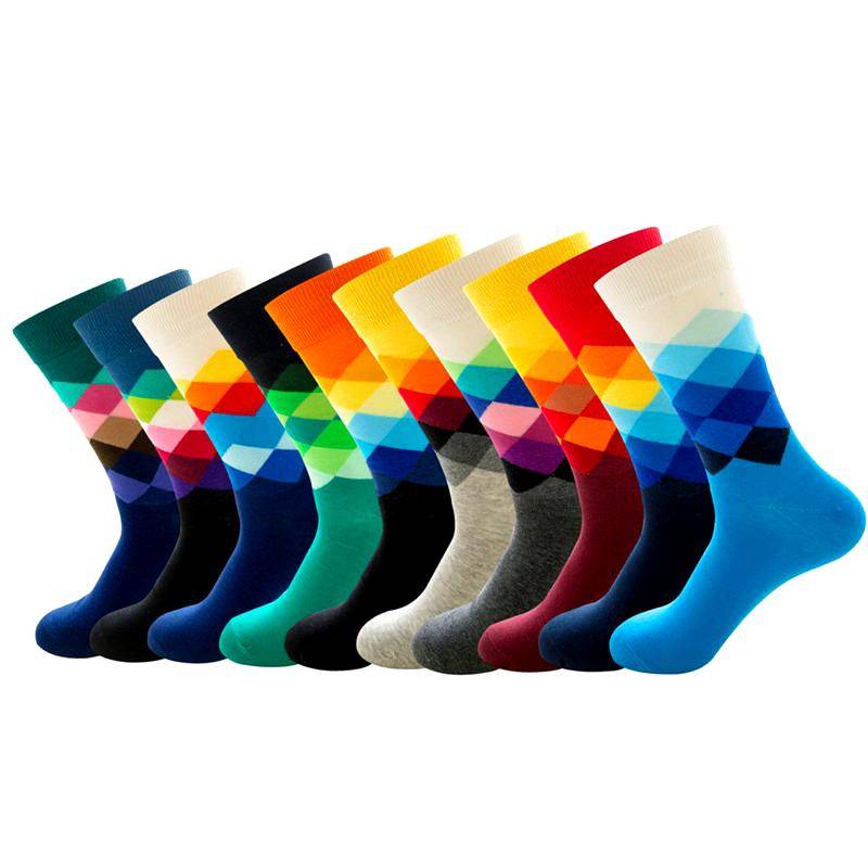 Mens Happy Colorful Striped Socks Quality Plaid Diamond Pattern Argyle Geometric Harajuku Combed Cotton Sock Christmas Gift