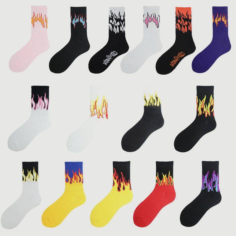 1 pair women Fashion Hip Hop Hit Color On Fire Crew Socks Red Flame Blaze Power Torch Hot Warmth Street Skateboard Cotton Socks