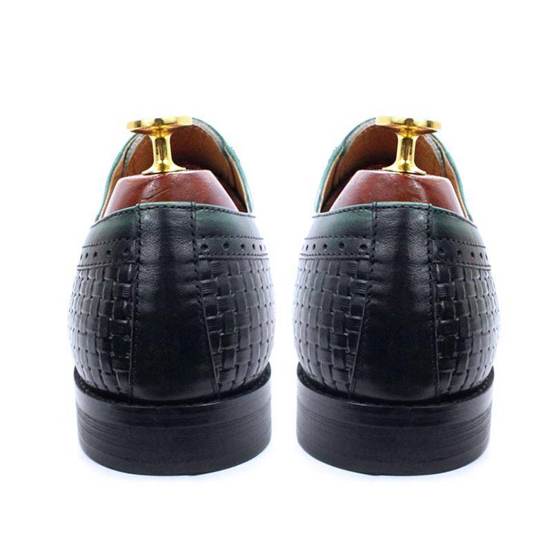 Fashion Men Oxford Shoes Genuine Leather Shoes Black Green Weave Pointed Lace up Luxury Dress Wedding Office Formal Shoes Men