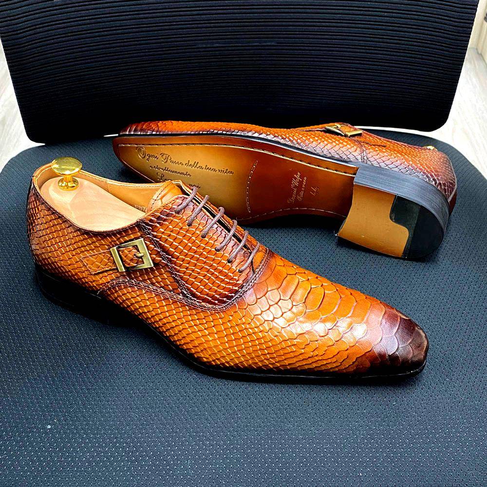Men Genuine Leather Oxford Shoes Brown Black Business Dress Suit Shoes Men High Quality Snake Print Lace Up Wedding Mens Shoes