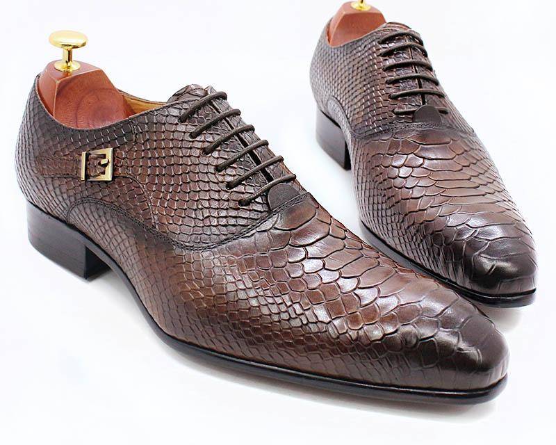 Fashion Men Dress Leather Shoes Snake Skin Prints Classic Style Wine Blue Coffee Black Lace Up Pointed Men Oxford Formal Shoes
