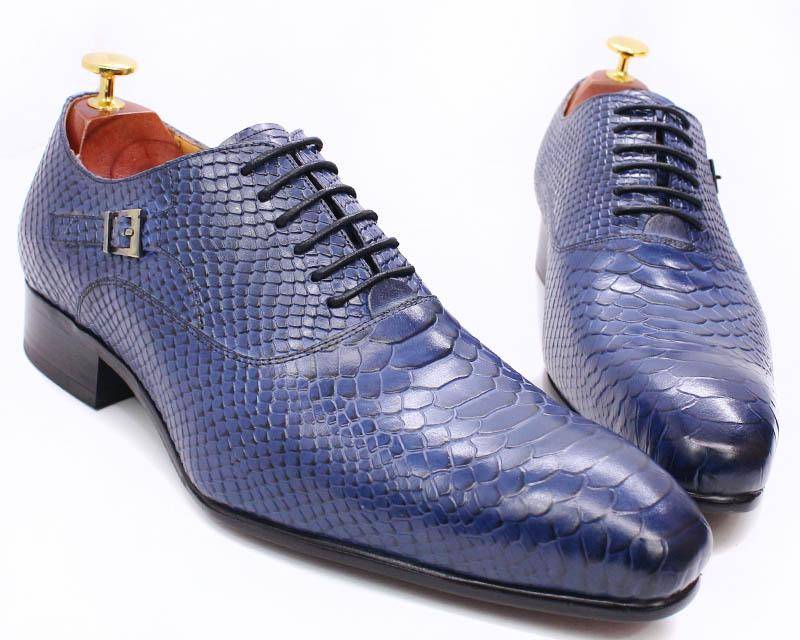 Fashion Men Dress Leather Shoes Snake Skin Prints Classic Style Wine Blue Coffee Black Lace Up Pointed Men Oxford Formal Shoes