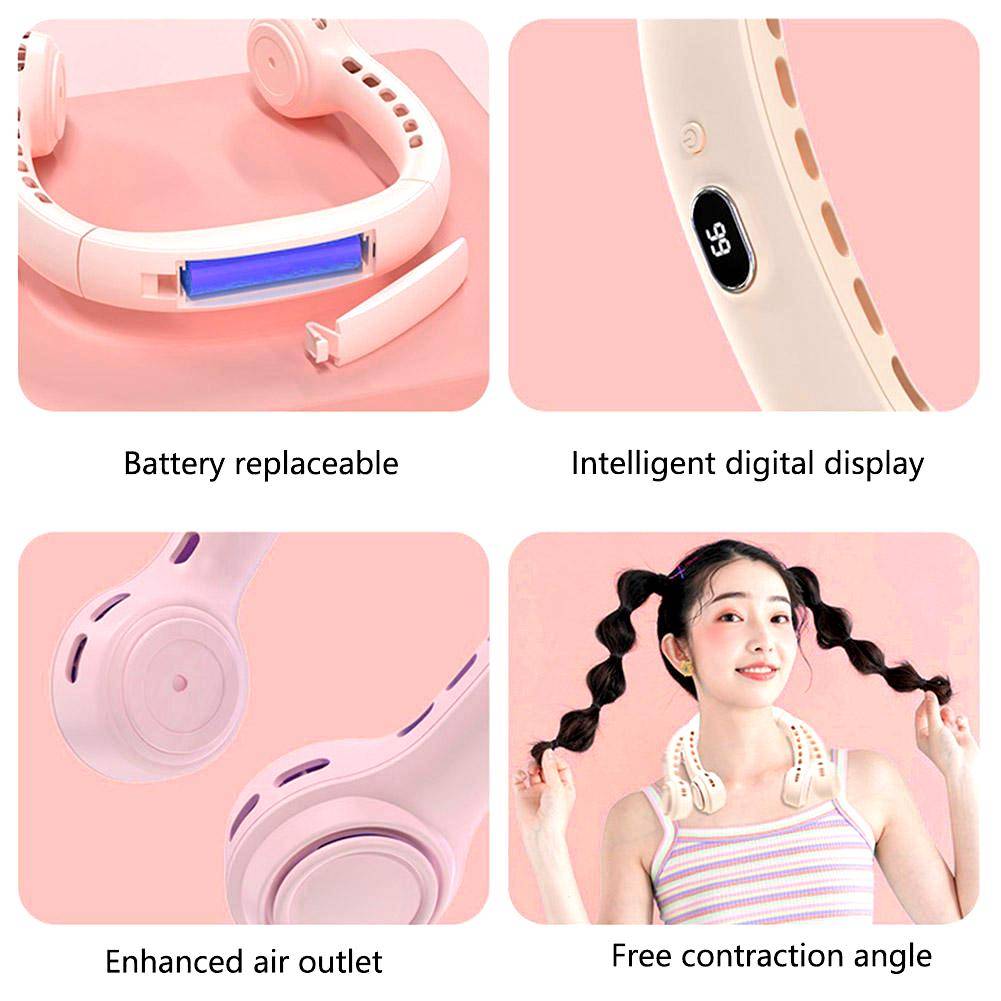 Lazy Summer Cooling Hanging Neck Fan for Student Outdoor Sports Travel Office Leafless LED Digital Display Personal Wearable Fan