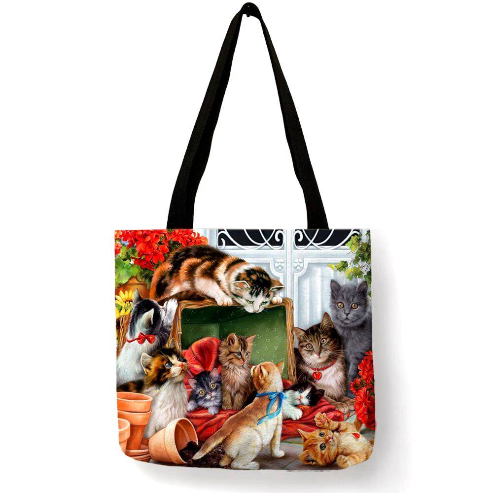 YWBK Cat Print Women Tote Bags Designer Linen Reusable Shopping Bag Customize Oil Painting Shoulder Bags for Lady Girl Shopper YWBK Cat Print Women Tote Bags Designer Linen Reusable Shopping Bag Customize Oil Painting Shoulder Bags for Lady Girl Shopper
