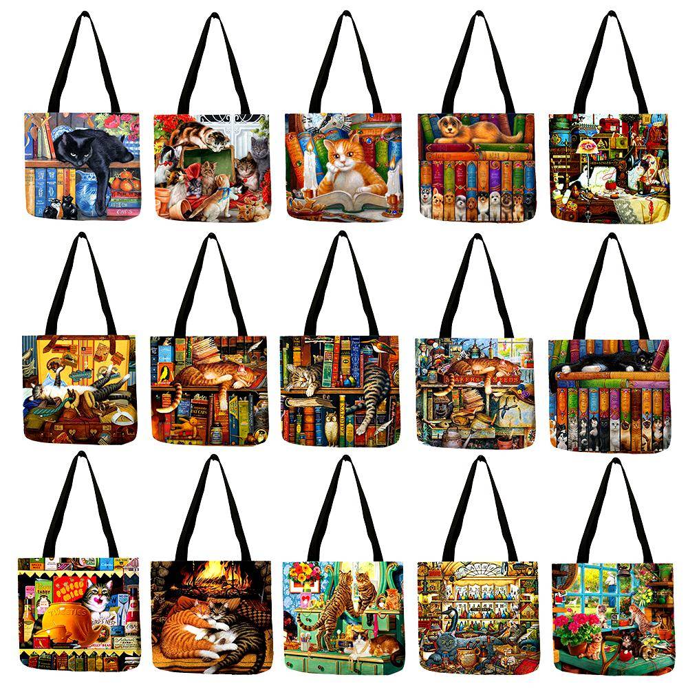 YWBK Cat Print Women Tote Bags Designer Linen Reusable Shopping Bag Customize Oil Painting Shoulder Bags for Lady Girl Shopper