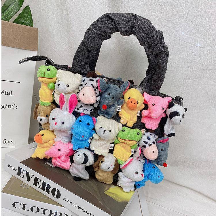 Fashion Women Denim Bucket Cartoon Toy Decoration Handbags and Purses for Female Cute Dolls Design Shoulder Bags Crossbody Bags