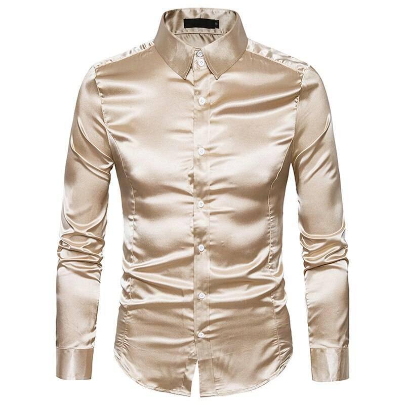 Plus size S-XXL Men Shirt Silk Satin Smooth Men Solid Tuxedo Business Shirt Men Casual Slim Fit Shiny Gold Wedding Dress Shirts
